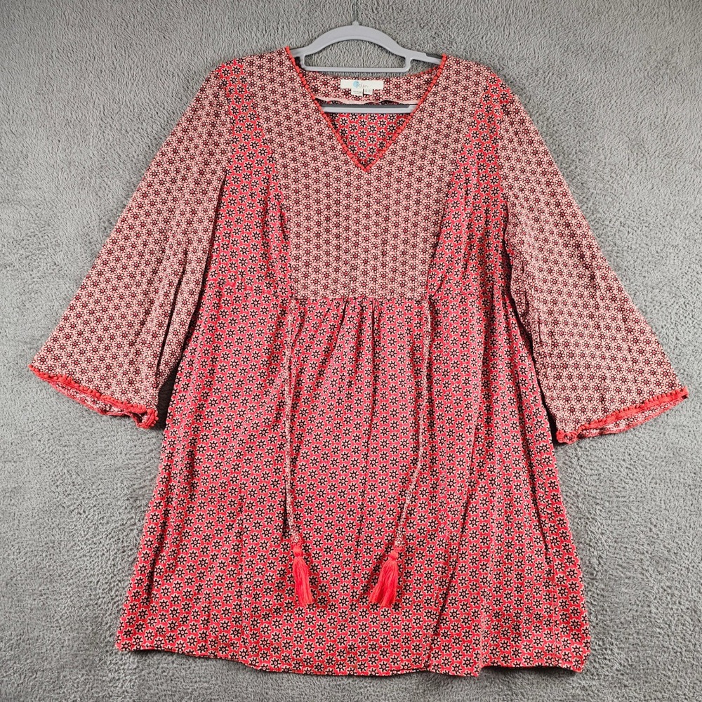 Boden Red Pink Floral Cotton Tassel Tunic Dress US 12R Bell Sleeve Boho Hippie